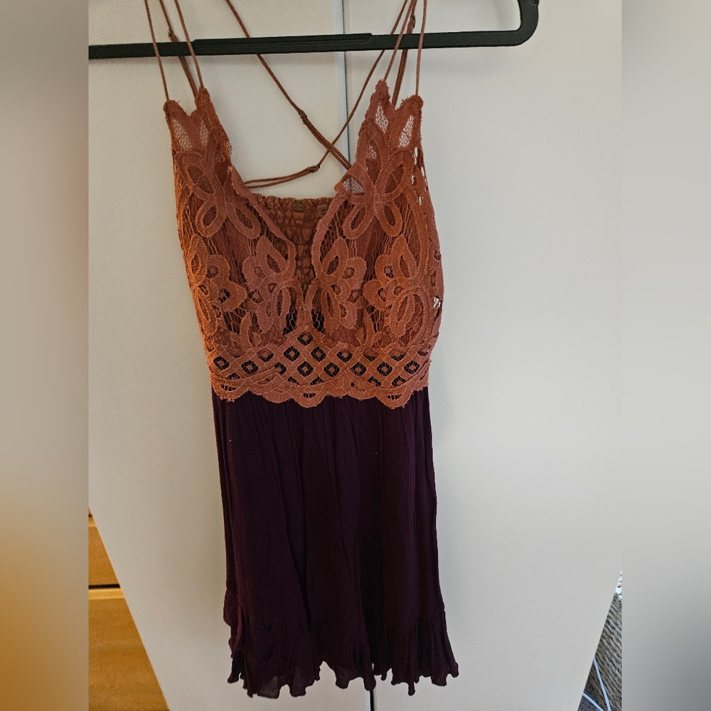 Free People Lace Mini Dress in Rust and Plum